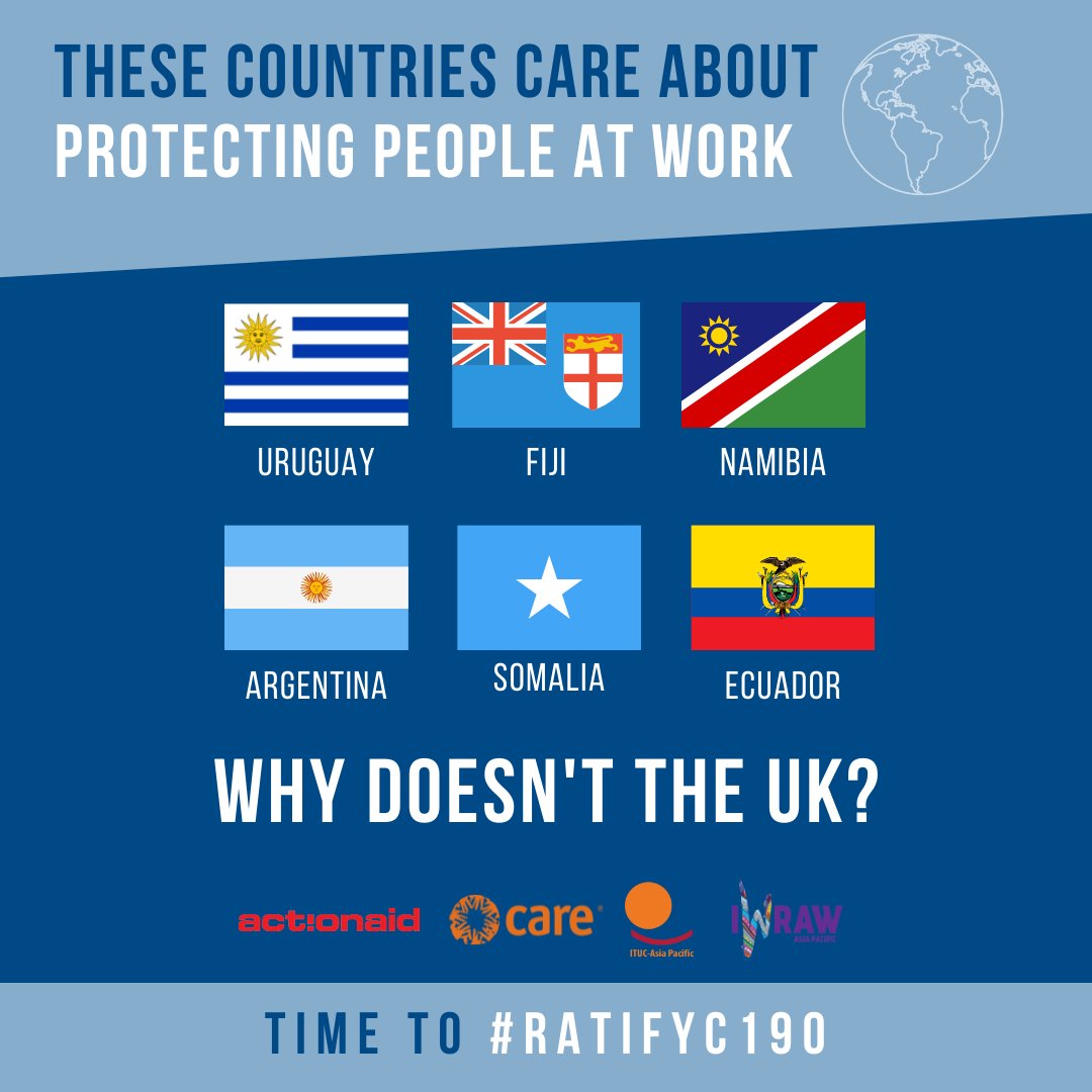 So far these 6 countries have ratified C190 to abolish violence and harassment in the workplace  👏 

But we need more to bring it into law worldwide! It’s time for the UK to do the same! Add your name if you agree: secure.avaaz.org/campaign/en/il… 

#RatifyC190