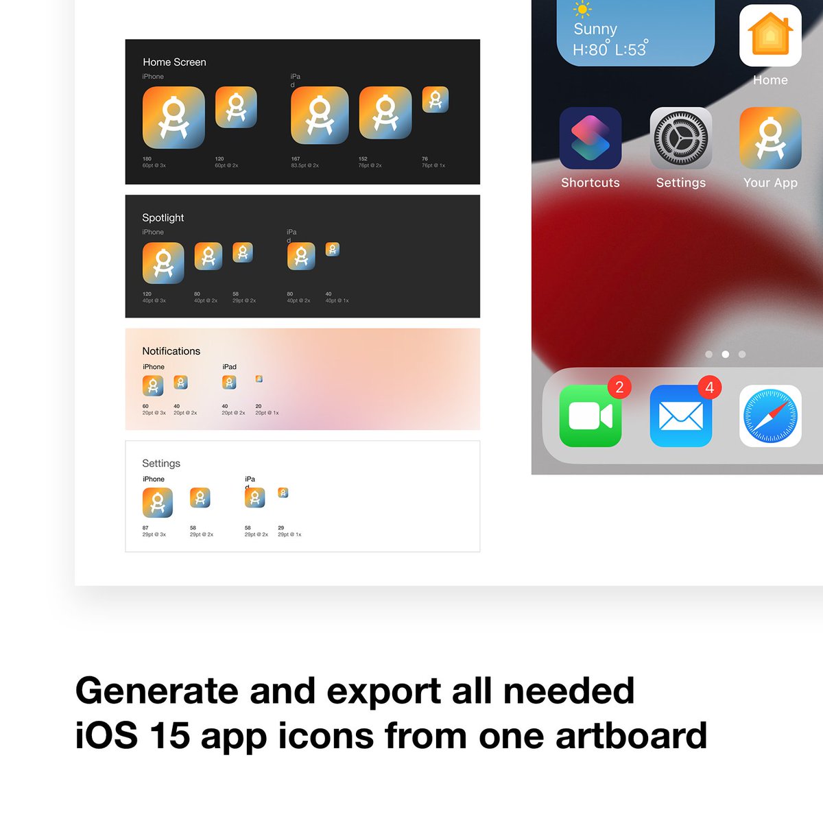 applypixels's tweet image. Our new iOS 15 version of our App Icon Template is now live.

🖌 Design a single size
🌟 all required sizes
📱 New contextual iOS 15 previews

For Photoshop, Sketch &amp;amp; Figma
applypixels.com/resource/iOS-1…