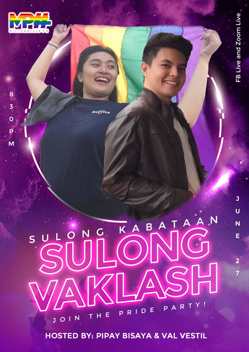 millennials4PH's tweet photo. Fight, educate, celebrate! Join Sulong Kabataan #SulongVaklash, the Millennials PH Pride Party on June 27, Sunday, 8:30 to 11:00 PM! Live on Facebook and ZOOM!

EVERYBODY is welcome!!! Don't forget to wear your costumes, but above all, wear your PRIDE!

#SulongVaklash #Pride2021 https://t.co/wWSf3rdf5K