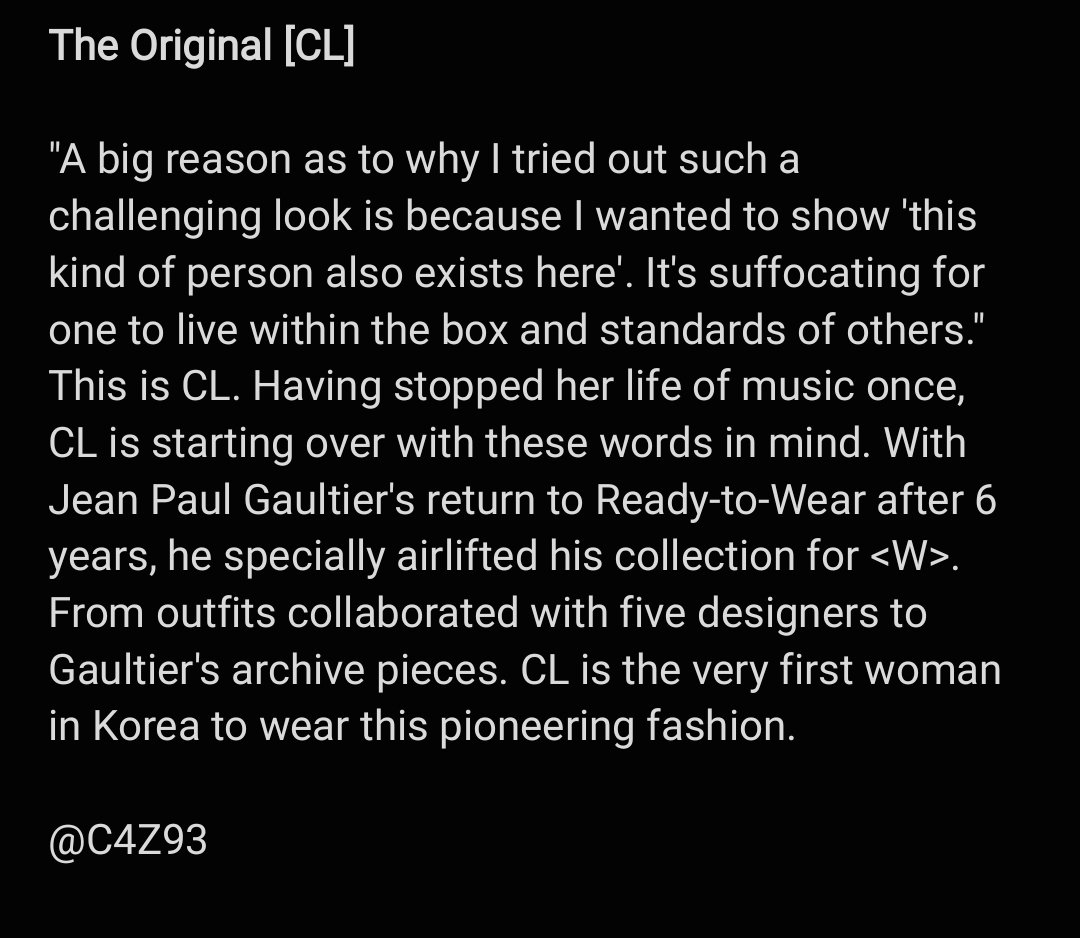 C4Z93's tweet photo. 【W Korea】
Translation Thread

The Original [#CL]

🔗 https://t.co/dOwuhHEpBx

#씨엘 @chaelinCL
Fair warning: Prepare your mind https://t.co/QGSHsNuDrE