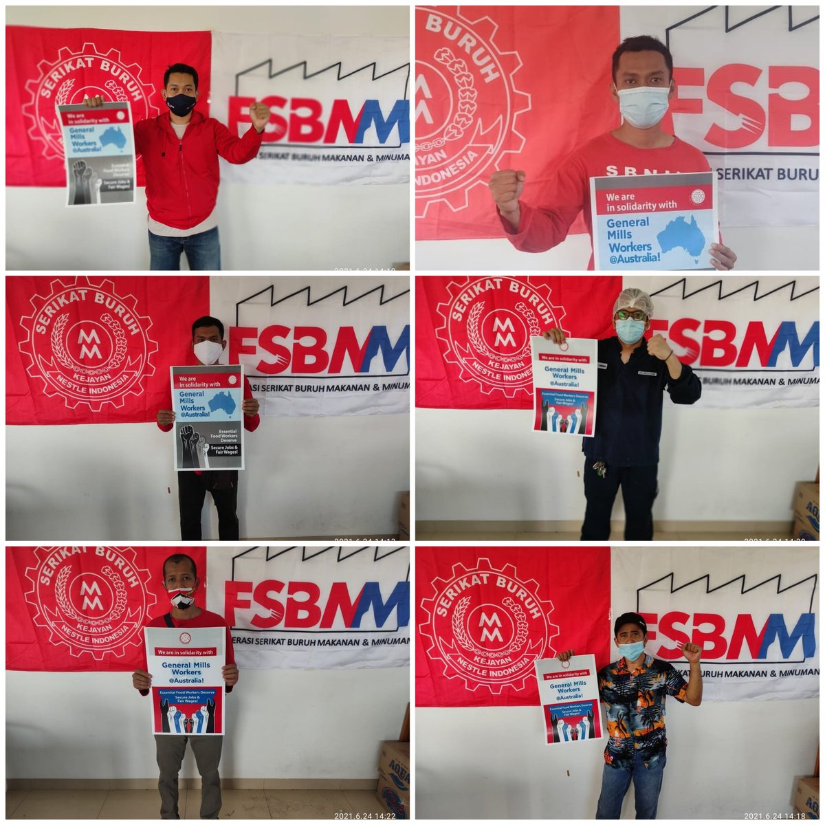 iufap's tweet photo. Solidarity continues!! More @FSBMM1 members in Indonesia send solidarity to workers on strike at General Mills in #RootyHill. We stand in solidarity with our sisters &amp; brothers till they get fair wages &amp; secure jobs!! @UnitedWorkersOz #PassOnOldElPaso #WorkersRaiseWages https://t.co/i4kzLwYNuA