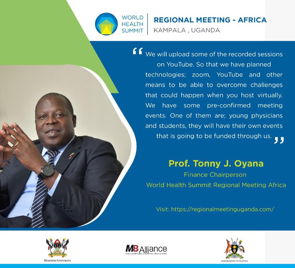 Prof. Tony J. Oyana says that sessions will be uploaded on YouTube. Other technologies such as Zoom, Teams etc., will be used to support this June 2021 meeting. In addition, we have some pre-conference events...” 
#M8Alliance 
#WHS2021

Register here regionalmeetinguganda.com/tickets/