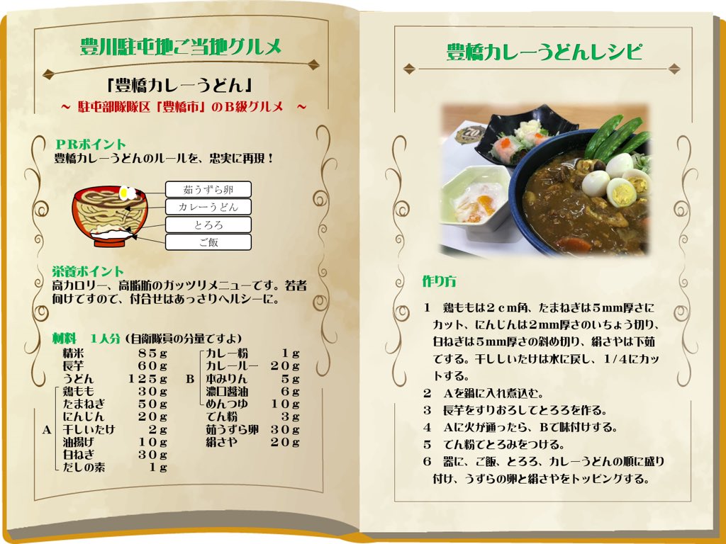 陸上自衛隊 陸自飯 今日は 陸自 豊川駐屯地 愛知県豊川市 の 豊橋カレーうどん を紹介します とろろご飯の上にカレーうどんが盛り付けられているという驚きの二重構造 最後はカレーうどんの汁をご飯と混ぜてカレー雑炊にして召し上がれ W 陸上自衛隊 陸自飯 今日は 陸自 豊川駐屯地 愛知県豊川市 の 豊橋カレーうどん を紹介します とろろご飯の上にカレーうどんが盛り付けられているという驚きの二重構造 最後はカレーうどんの汁をご飯と混ぜてカレー雑炊にして召し上がれ W