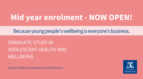 Further your study and lead research in #AdolescentHealthandWellbeing by joining @UniMelbMDHS Grad Cert, Grad Dip or Master programs. 

Mid year enrolment now open. Apply now and receive your outcome in just 48 hours. 

study.unimelb.edu.au/lp/mdhs/study-…