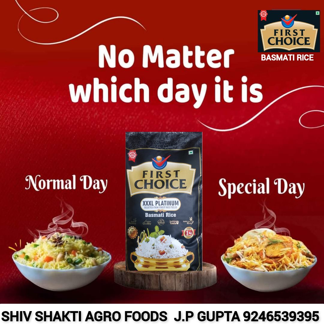 sourabgupta4848's tweet image. First Choice Basmati Rice is perfect for any Normal or Special Day.
.
.
#extralong #extralength #Basamati #basmatirice #pulao #biryani #chickenbiryani #Vegbiryani #pulao #tagfriend #DeliciousBiryani #Delight #perfectrice #perfecttaste #FirstChoiceBasmatiRice  #shivshaktiagrofoods