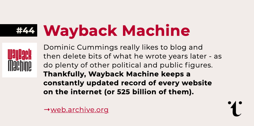 allthecitizens's tweet photo. #44/50 of our daily #OpenSourceToolkit is @internetarchive

Similar to yesterday’s entry, The Wayback Machine keeps a constantly updated record of billions of websites. All you need is a URL, and you can see what was there before it was edited or deleted 

https://t.co/YPCvfSGOZk https://t.co/otb7Af6GsH