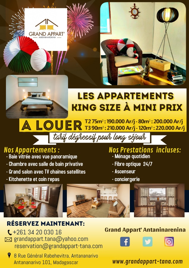 🏢🏢𝔾ℝ𝔸ℕ𝔻 𝔸ℙℙ𝔸ℝ𝕋'🏢🏢 
🏢🏢𝔸ℕ𝕋𝔸ℕ𝕀ℕ𝔸ℝ𝔼ℕ𝕀ℕ𝔸🏢🏢
"Louez votre Appartement avec Prestations Hôtelières"
🔖𝐏𝐫𝐞𝐬𝐭𝐚𝐭𝐢𝐨𝐧𝐬 𝐢𝐧𝐜𝐥𝐮𝐬𝐞𝐬 : 
wifi haut débit- chaînes satellites- jirama- ascenseur- ménage- conciergerie