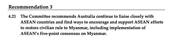 Australia Parliamentary Committee released its report &amp; recommendations on #MyanmarCoup. Positive that it incl. recommendation on sanctioning MEC &amp; MEHL 👏🏽 but Oz must act NOW w/o relying on #ASEAN that has failed to recognize the desire of #Myanmar ppl! bit.ly/3j8EOrR