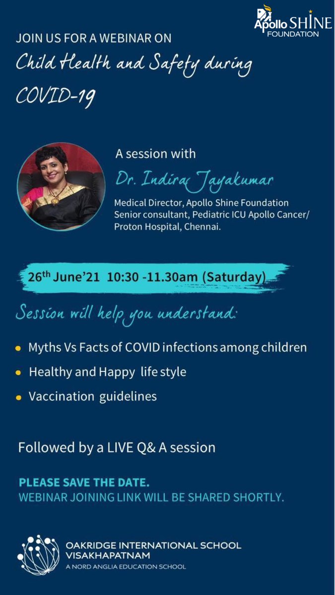 Our Medical Director, Dr @JayakumarIndira will be addressing the parents of @learnois, on Child Health and Safety during #Covid19 this Saturday. #ApolloShineFoundation #KeepIndiaHealthy #ApolloShine #Oakridge #Webinar #ShineWebinarSeries #COVID19
