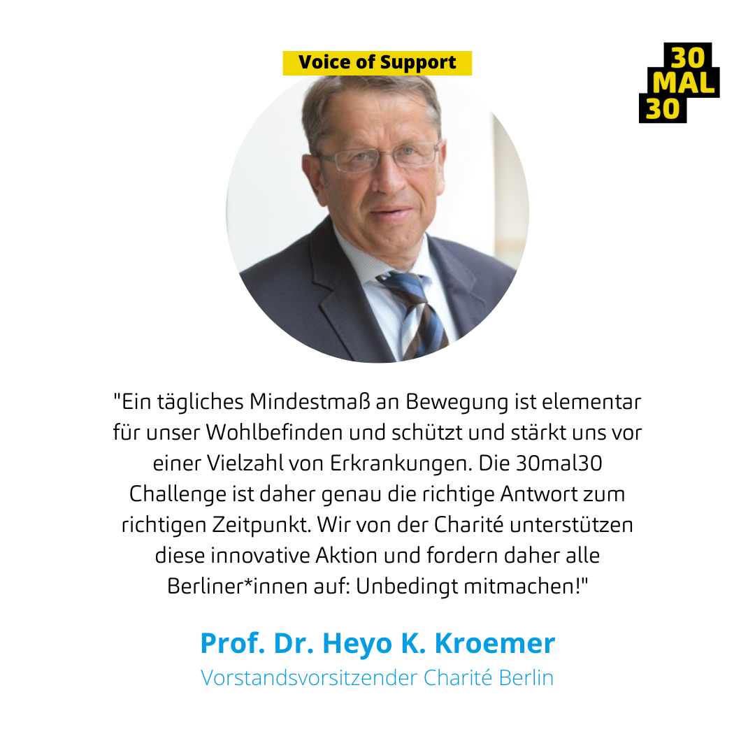 laeuft_health's tweet photo. Voice of Support: Prof. Dr. Heyo K. Kroemer unterstützt die #30mal30 Challenge 👟!.
.
Prof. Dr. Kroemer ist Vorstandsvorsitzender der Charité Berlin.
.
Sein Statement zu @30mal30:

"Ein tägliches Mindestmaß an Bewegung ist elementar für unser Wohlbefinden und schützt und https://t.co/bhdSaYyFAr