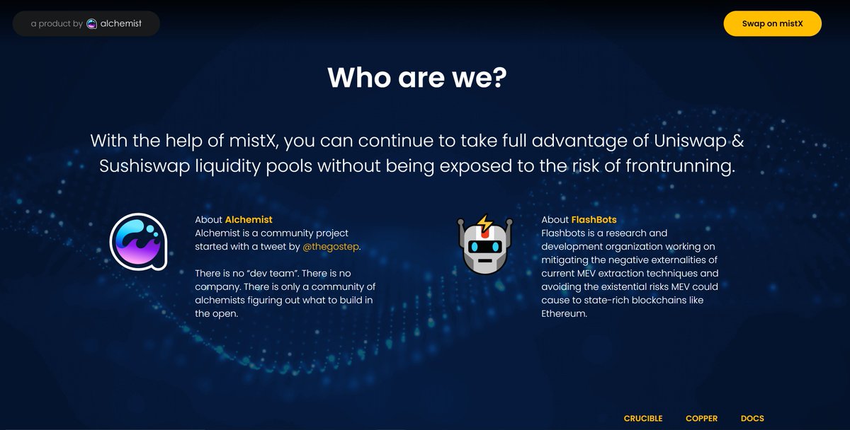 _alchemistcoin's tweet image. Landing page update for mistX.io 
Dat new new. #mistX #Flashbots $mist ⚗️

What do we think?