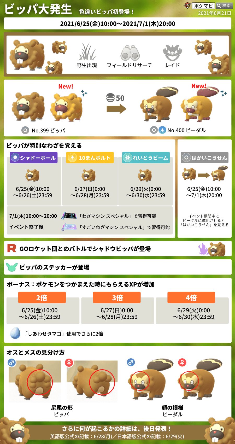 ポケモンgo攻略情報 ポケマピ ビッパ 大発生イベントについて追加情報 ビッパに出会える確率はイベント後半になるにつれて上がる スペシャルリサーチを達成すると限定着せ替えアイテム ビッパハット がもらえる 公式メールより 現時点では ポケモンgo攻略情報 ポケマピ ビッパ 大発生イベントについて追加情報 ビッパに出会える確率はイベント後半になるにつれて上がる スペシャルリサーチを達成すると限定着せ替えアイテム ビッパハット がもらえる 公式メールより 現時点では