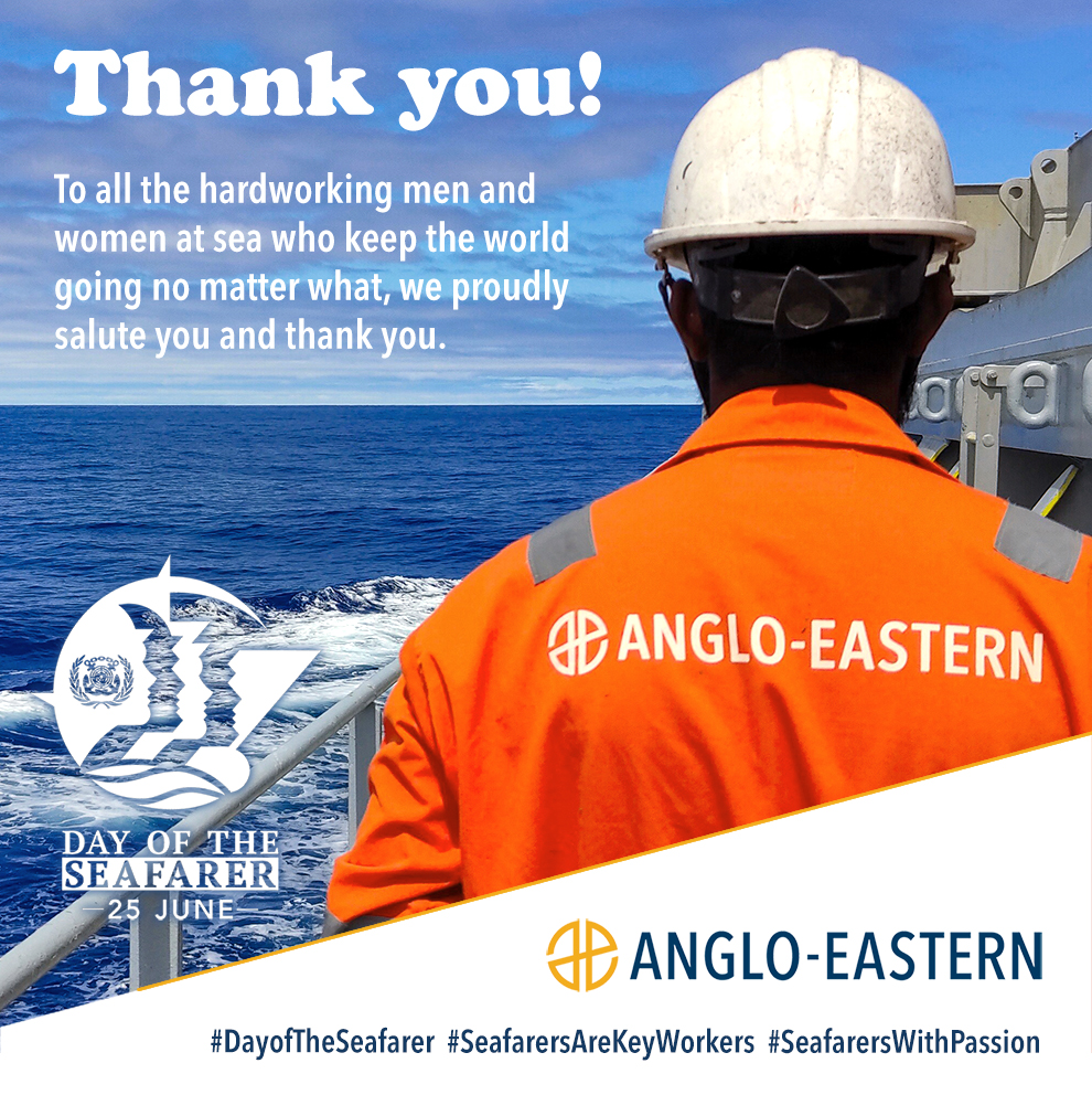 angloeasterngrp's tweet photo. To the hardworking men &amp; women at sea who keep the world going no matter what, we proudly salute you &amp; thank you. Happy #DayofTheSeafarer! #ShoutOutForSeafarers #SeafarersAreKeyWorkers #NoShippingNoShopping #ProudToBeAMariner #SeafarersWithPassion #ShapingABetterMaritimeFuture https://t.co/5NteyCZtn1