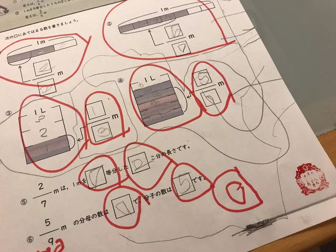 こいけ今は分数をやってるんだけど、パッと見て理解できず…そんな自分にイライラしながら私に教わり(母に教わる屈辱)、理解〜
1枚目はイライラして引きまくった線です…
2枚目は理解したから機嫌良くなって解いた分数の足し算
段々教えるの難しくなってきた💦 