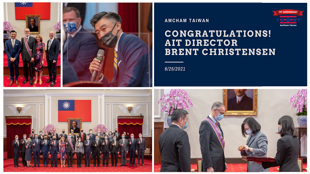 AmChamTaiwan's tweet photo. AmCham Taiwan leadership attended an award ceremony for AIT Director Brent Christensen, who was presented with the Order of Brilliant Star with Grand Cordon by President Tsai. The Chamber congratulates and thanks the director for his contributions to #US-#Taiwan 🇺🇸🇹🇼 relations! https://t.co/nqUIuCyPp4