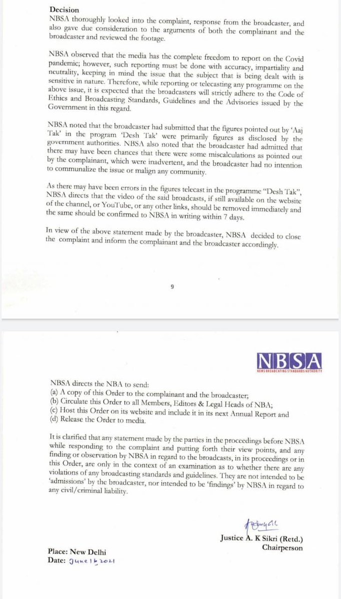 MaskoorUsmani's tweet photo. Finally NBSA directs @aajtak to immediately take down all the video of said broadcast for violating journalistic ethics while reporting Tablighi Jamaat Matter, on the complaint filed by our team member @frq_imam. A tight slap on godi media by #NBSA.
Order: https://t.co/5LURWzfCa2 https://t.co/5F7RW9qx9A