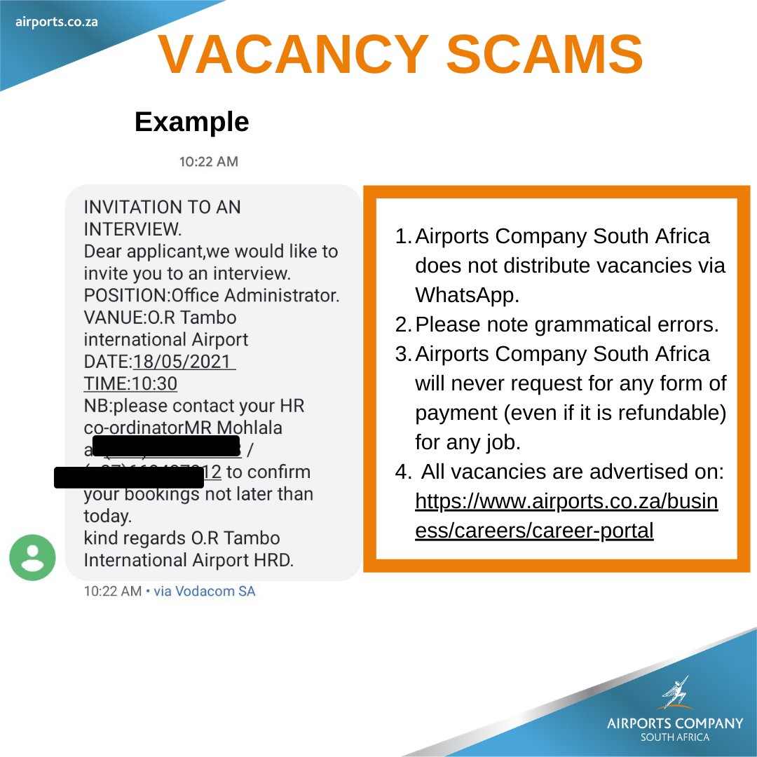 Please be aware of vacancy scams. Our vacancies are only advertised on our website: airports.co.za/business/caree…