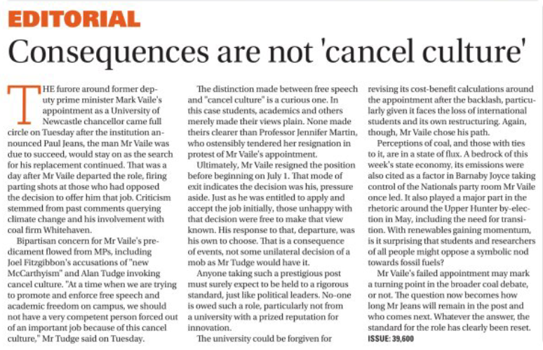 JVDK_DEA's tweet photo. "The standard for the role has clearly been reset". Well said @newcastleherald It is now important that @Uni_Newcastle finds a chancellor who understands our future challenges rather than one who is tied to the past. @DocsEnvAus @jenhelenmar @p_hannam https://t.co/JHgMamkfum