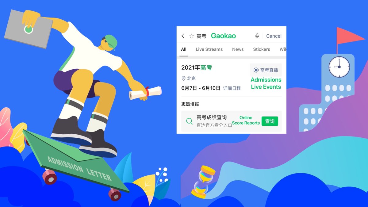 Weixin_WeChat's tweet image. More than 10 million students took China&apos;s annual college entrance exam #Gaokao this year and the scores are now out! Students can simply search for &quot;Gaokao&quot; on WeChat to check their scores via local #MiniPrograms &amp;amp; watch their dream schools&apos; Live Events on #Channels. Good luck!