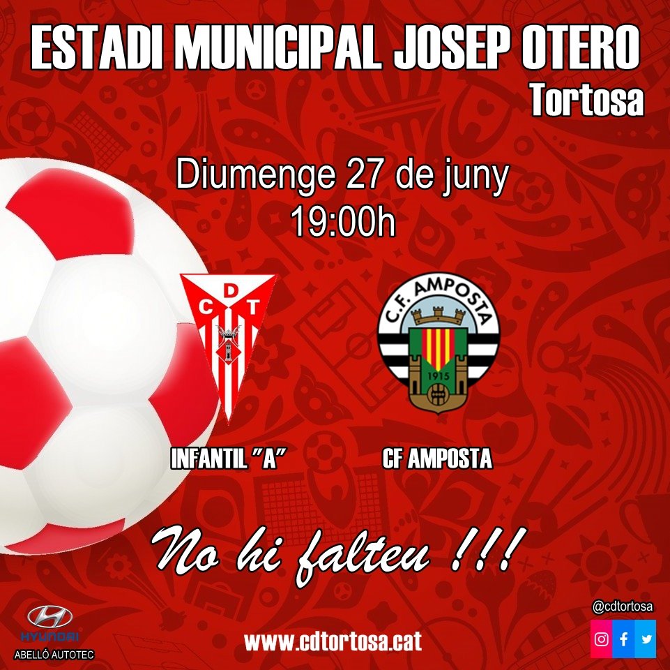 cdtortosa's tweet photo. Diumenge es juga a ľEstadi el partit de tornada de promoció ďascens a Preferent que enfrontarà a ľInfantil A contra el CF Amposta.
Els nois de Paco Chavarria arriben amb una renda de dos gols però s'haurà de lluitar fins a ľúltim minut.
Us convidem a animar-los!!!
#cdtbase https://t.co/0SgWjgLQnA