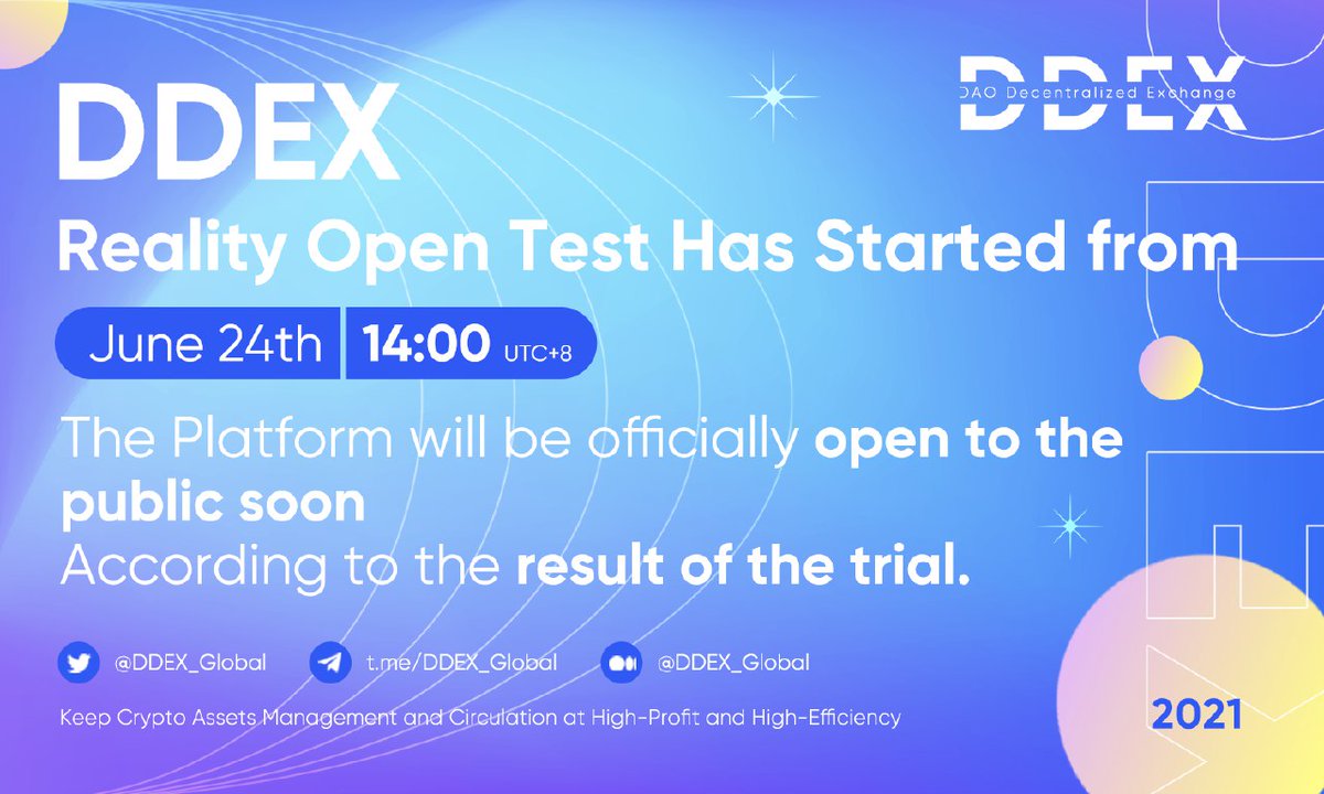 📢 DDEX reality open test has started from 24th June, 14:00 UTC+8. The platform will be officially open to the public soon as per the result of the trial run! Thank you for your support 💪 $DDX #DDEX #Decentralization #Mainnet #DEX #BSC #HecoChain