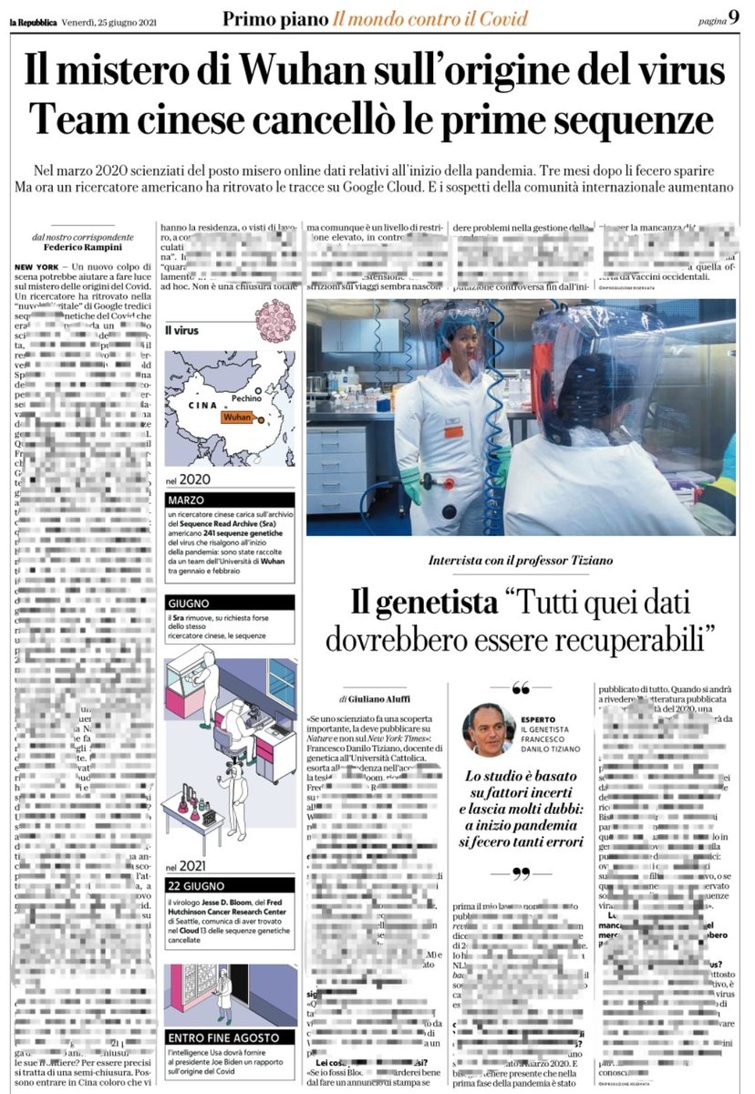 +++ATTENZIONE ATTENZIONE+++

Oggi Repubblica dedica una paginata al mistero dell'origine del virus.

<a href="/FedericoRampini/">Federico Rampini</a> non ci dorme la notte. E oggi, nelle indagini, lo aiuta il redivivo Giuliano Aluffi (<a href="/AluffingtonPost/">Giuliano Aluffi</a>) che intervista il genetista Francesco Danilo Tiziano.