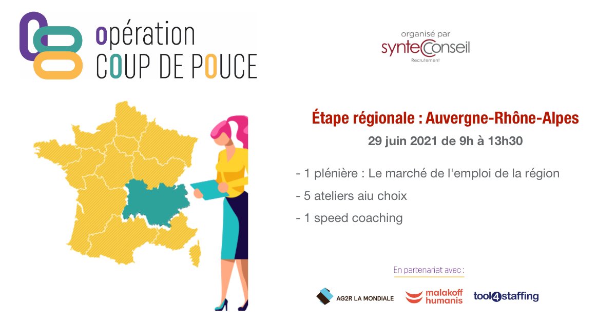 ConseilSyntec's tweet image. [RDV] Le Tour de France de l’ #OpérationCoupDePouce, destinée aux cadres séniors en recherche d’emploi, prend fin avec son étape en Auvergne-Rhones-Alpes le 29 juin prochain.

Détails &amp;amp; inscription 👉aura.operation-coup-de-pouce.fr