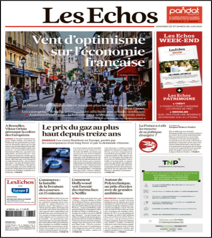 JFFiorina's tweet photo. La une qui fait plaisir avant le WE 
Merci @LesEchos 
(et pourvu que ça dure !)
#economie #optimisme #mondedapres #onvasensortir https://t.co/MHtzYzwwoz