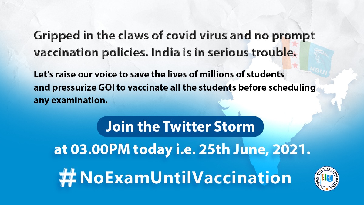 Neerajkundan's tweet photo. Students' safety &amp; health must the numero uno concerns of the central government. 

University, college, UGC NET, SSC CHSL, CA and so many other exams should only be conducted once the students are fully vaccinated.

Join the storm at 03.00 pm today.
#NoExamUntilVaccination https://t.co/UPXT9A5f1m