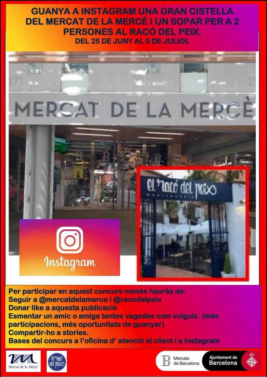 mercatdelamerce's tweet photo. GRAN SORTEIG D UNA CISTELLA  DEL MERCAT DE LA MERCÈ &amp; UN SOPAR PER DUES PERSONES AL RACÓ DEL PEIX...🥳
(Bases del sorteig a l' oficina d' atenció al client i a les stories d Instagram)
#bcn_noubarris 
#elracodelpeix 
#noubarris
#mercatsbcn
#mercatdelamerce
#districtenoubarris https://t.co/45abTVWplm