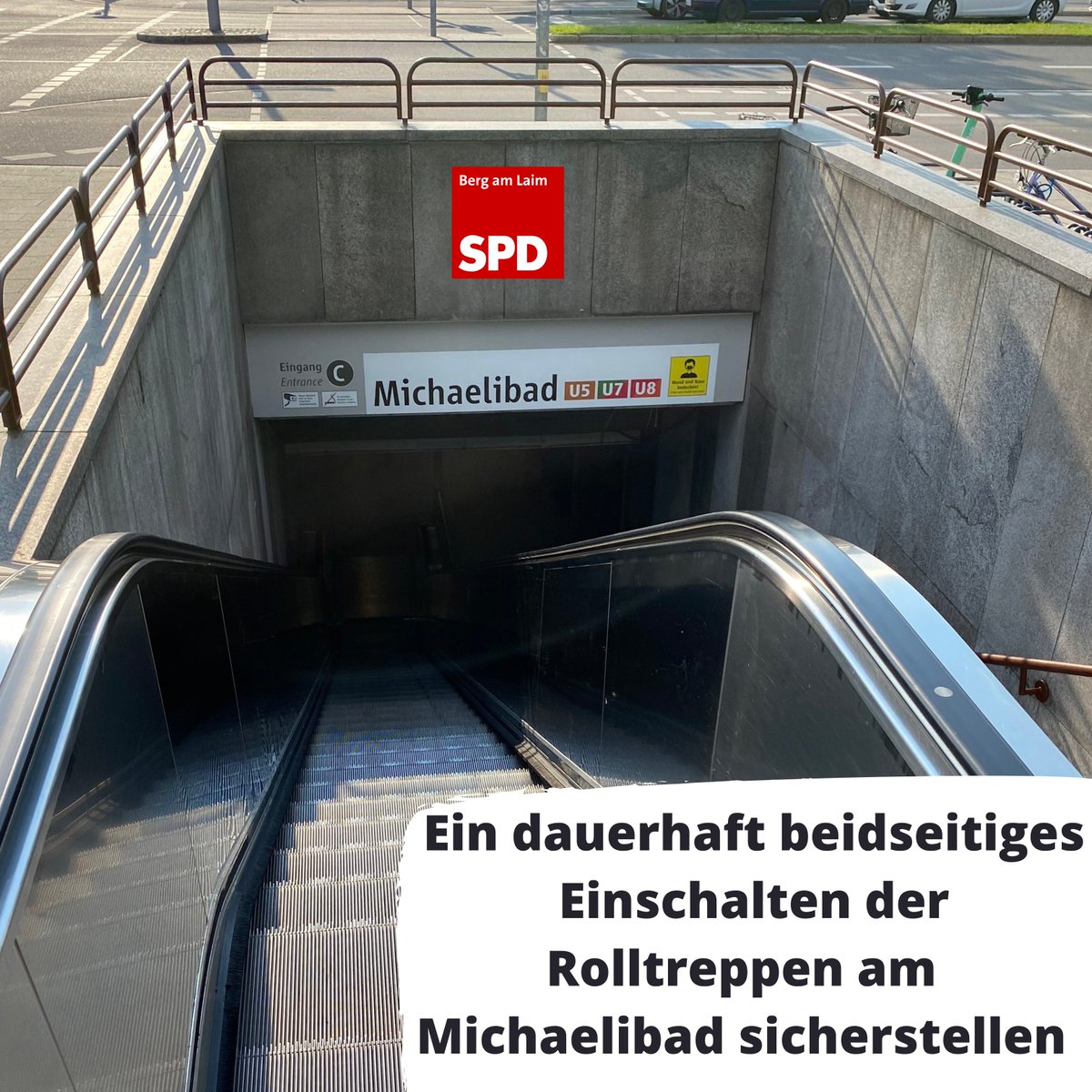 Wir fordern, dass die Rolltreppen am und im U-Bahnhof #Michaelibad so eingestellt werden, dass sie dauerhaft bei Bedarf sowohl ab- als auch aufwärts fahren können, um allen den Zugang zur U-Bahn zu erleichtern! #Verkehrswende #Teilhabe #ÖPNV #UBahn #MVG #BergAmLaim #spdbal