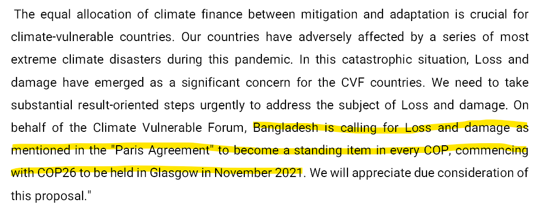 What happened at the <a href="/UNFCCC/">UN Climate Change</a> #SB2021? 
Bangladesh on behalf of the <a href="/TheCVF/">Climate Vulnerable Forum</a> called for Loss and Damage as mentioned in the "Paris Agreement" to become a standing item in every COP, commencing with #COP26 to be held in Glasgow in November 2021.