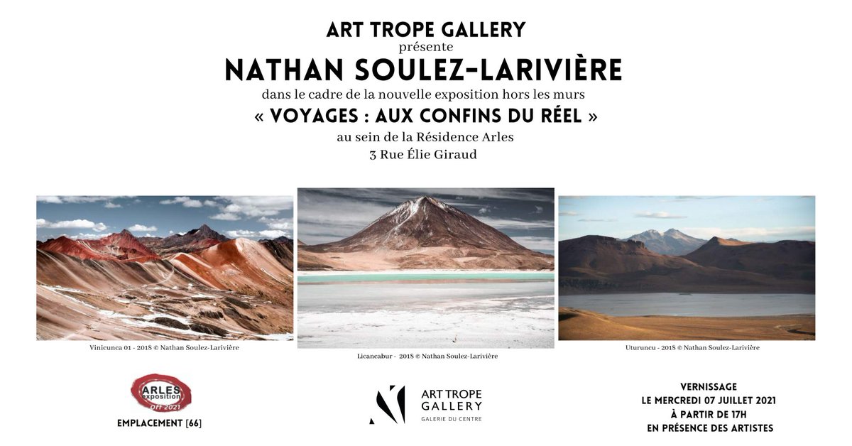 [#Exhibition #Arles]

<a href="/ArtTropeGallery/">ART TROPE GALLERY</a> présente <a href="/NathanSoulez/">Nathan Soulez-Larivière</a> qui exposera à la Résidence Arles au 3 Rue Élie Giraud à Arles lors des @rencontresarles du 3 juillet au 28 août 2021

👉Vernissage: mer. 7 juillet 2021
👉Emplacement[66] 
👉Galerie virtuelle: bit.ly/3cLPDfB