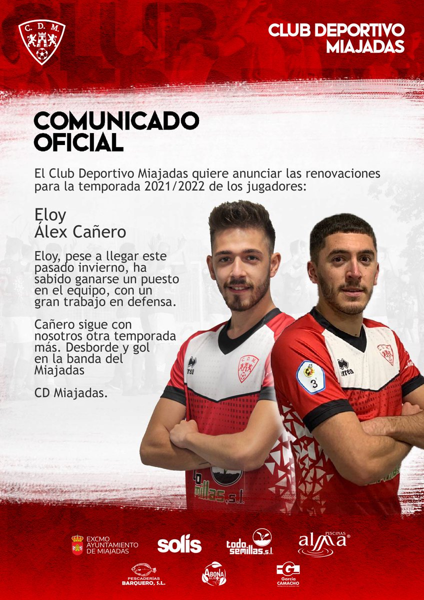 📢📢📢
Renovaciones.
Seguirán con nosotros la siguiente temporada el defensa Eloy y el centrocampista Álex Cañero.
💪💪💪
 <a href="/lolo_fdez12/">Eloy </a>
<a href="/Alex7jr7/">Alex Cañero</a>
#historicocdmiajadas