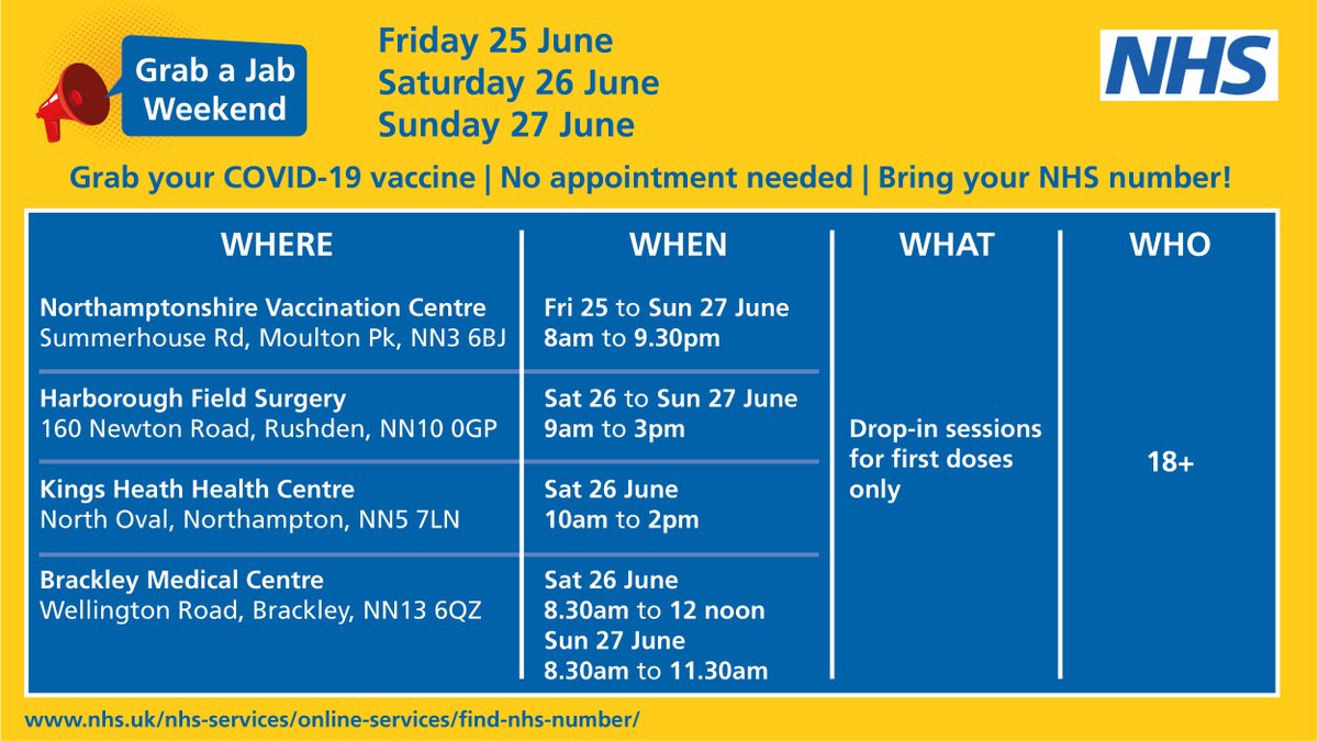 ourNHCP's tweet photo. Drop-in vaccination sessions are happening all around Northamptonshire this #GrabAJab weekend. Find one near you and grab your jab – no appointment necessary! https://t.co/QQ5bBKUWFJ https://t.co/yS79TqIbSJ