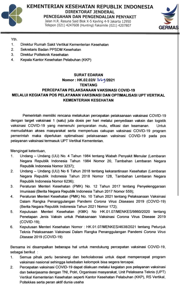 Jateng_Twit's tweet photo. INFO 📢

Mulai tanggal 24 Juni 2021, vaksinasi bisa dilakukan di mana saja, tanpa melihat domisili. 

Dasarnya adalah Surat Edaran Kementerian Kesehatan RI No. HK.02.02/I/1669/2021, tanggal 24 Juni 2021

RT ya biar semakin banyak yg tahu. https://t.co/kKSyIzjM1m