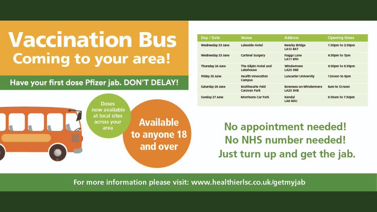 Walk-in vaccinations for over 18’s - Bowness Saturday morning, Kendal Sunday all day. You will need to wait 15 minutes after your vaccine so please allow some time. Please share especially on social media young people use !! No NHS number needed.