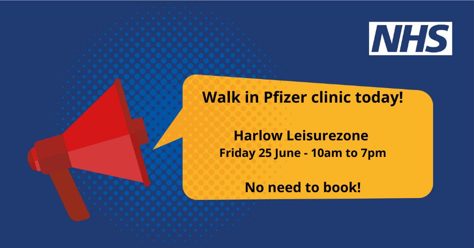 nhswestessex's tweet photo. Do you live in West Essex? Pfizer vaccinations are available TODAY (Friday 25 June) at the Harlow Leisurezone COVID vaccination centre. No appointment needed, just drop in. Open 10am - 7pm.#keepcovidincheck #staysafeessex https://t.co/jFuz5l4ycV