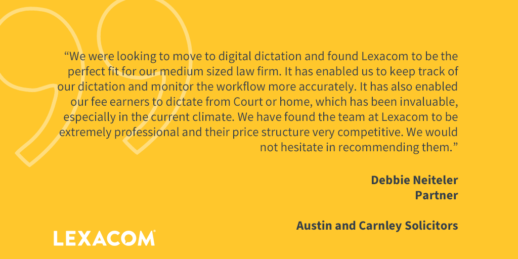 LexacomDictate's tweet photo. At Lexacom we don't do "one-size-fits-all" software solutions. We are passionate about problem solving using cost-effective #LegalTech so we're delighted to be the perfect fit for Austin and Carnley Solicitors.
What workflow challenges could we help you overcome? #LexacomForLegal https://t.co/zwGfu3sEnF
