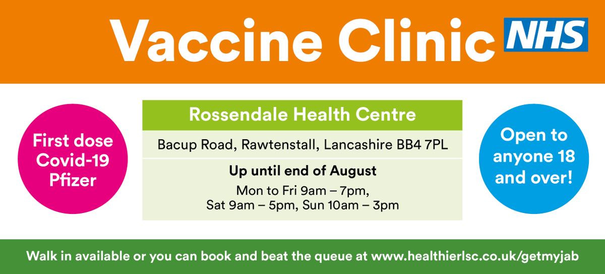 ALL over 18 can get jabbed at the Rawtenstall site today! BB4 7PL. Get down before 7:15pm

Access to the centre for vaccinations is on Fallbarn Road. Please note that the Vaccines are NOT being given by the health centre itself. Please avoid ringing the hub