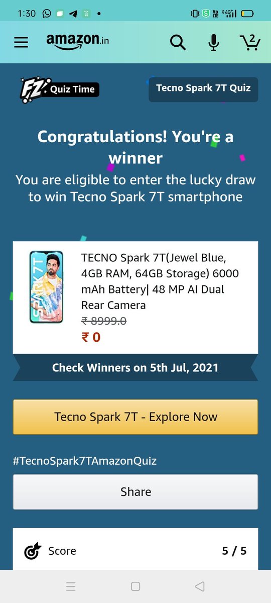 Vinitislive's tweet photo. I won the quiz but hope I win the smartphone also.
@amazonIN
#TecnoSpark7TAmazonQuiz https://t.co/cA5fdMKgm4