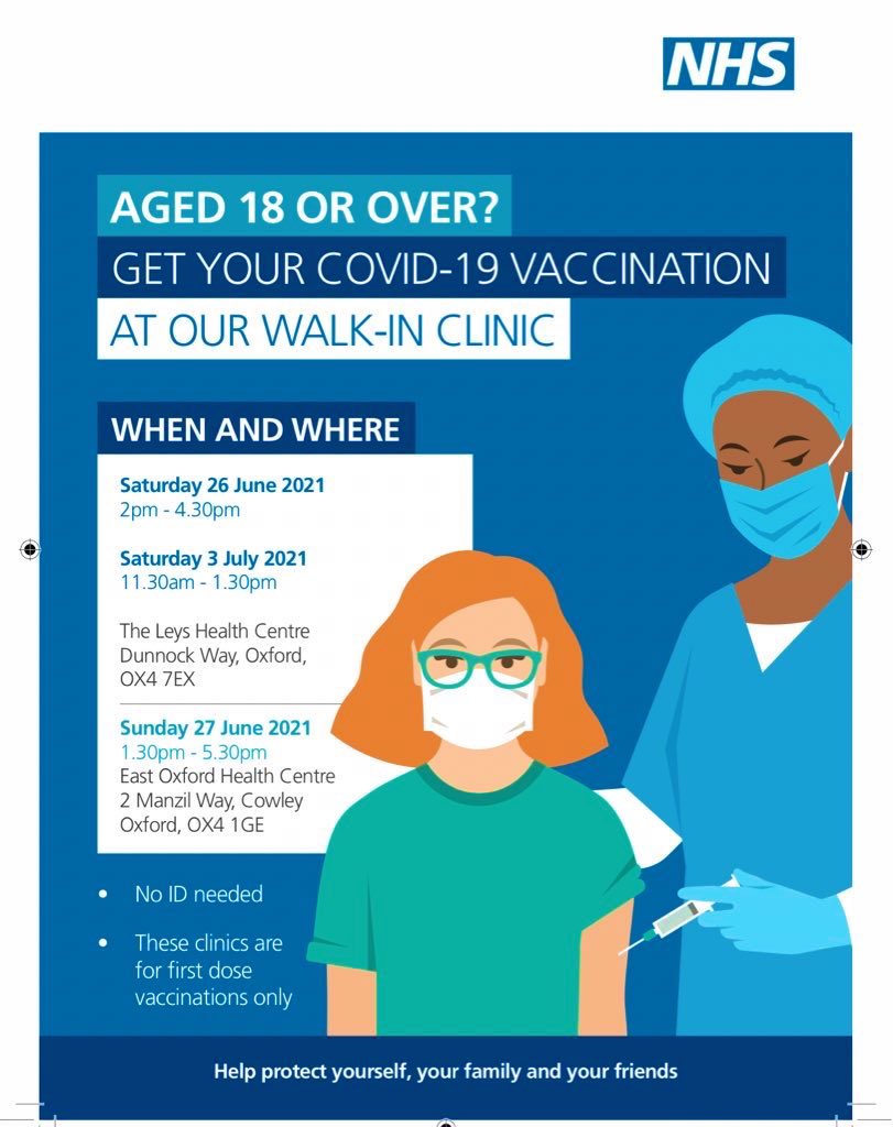 HosniehMarbini's tweet image. Oxford/Oxfordshire residents start your weekend at one of the walk in clinics below.

NO ID REQUIRED and open to all aged 18 and over.

The vaccine is 
✅Safe
✅Effective 
✅Free 

Let’s keep ourselves and each other safe and well.

@DOTW_UK @migrantsorg @Medact