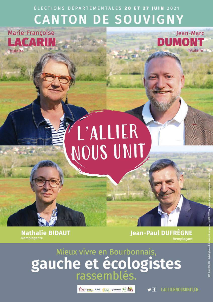 L'Allier nous unit (@lalliernousunit) on Twitter photo 📣 Canton de Souvigny
𝗥𝗲́𝘂𝗻𝗶𝗼𝗻 𝗽𝘂𝗯𝗹𝗶𝗾𝘂𝗲 𝗰𝗲 𝘀𝗼𝗶𝗿 𝗮̀ Souvigny - 𝟭𝟵𝗵 𝗮̀ 𝗹𝗮 𝗠𝗝𝗖
Venez nombreux échanger avec nous pour ce dernier rendez-vous des élections départementales.
Marie-Françoise Lacarin <a href="/JeanMarcDUMONT/">Jean-Marc DUMONT</a> <a href="/JP_Dufregne/">Jean-Paul Dufrègne</a> Nathalie Bidaut 📣 Canton de Souvigny
𝗥𝗲́𝘂𝗻𝗶𝗼𝗻 𝗽𝘂𝗯𝗹𝗶𝗾𝘂𝗲 𝗰𝗲 𝘀𝗼𝗶𝗿 𝗮̀ Souvigny - 𝟭𝟵𝗵 𝗮̀ 𝗹𝗮 𝗠𝗝𝗖
Venez nombreux échanger avec nous pour ce dernier rendez-vous des élections départementales.
Marie-Françoise Lacarin <a href="/JeanMarcDUMONT/">Jean-Marc DUMONT</a> <a href="/JP_Dufregne/">Jean-Paul Dufrègne</a> Nathalie Bidaut