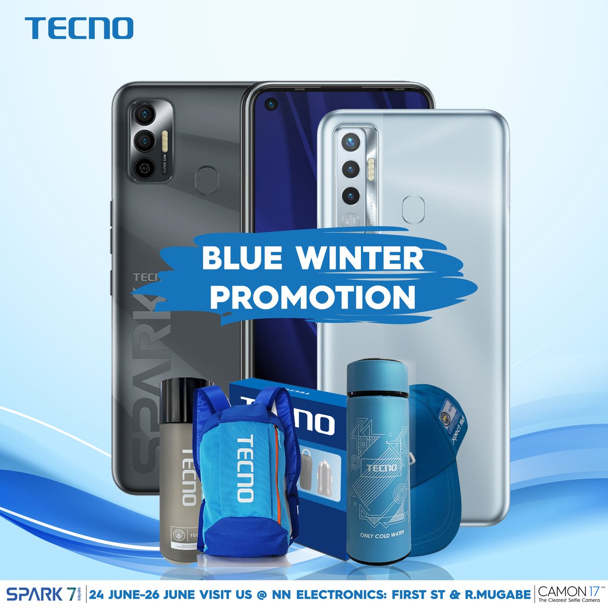 TECNOMobileZW's tweet photo. TECNO #BlueWinter Promotion
Vist us at NN Electronics, Cnr R.G Mugabe &amp; First Street, buy a TECNO #SPARK7Series &amp; #CAMON17Series smartphone and walk away with an amazing goodie 🛒🎁. 

#promotion
#TECNOSmartphone
#SPARK7Series
#CAMON17Series
#TECNOZimbabwe https://t.co/AIufQENTww