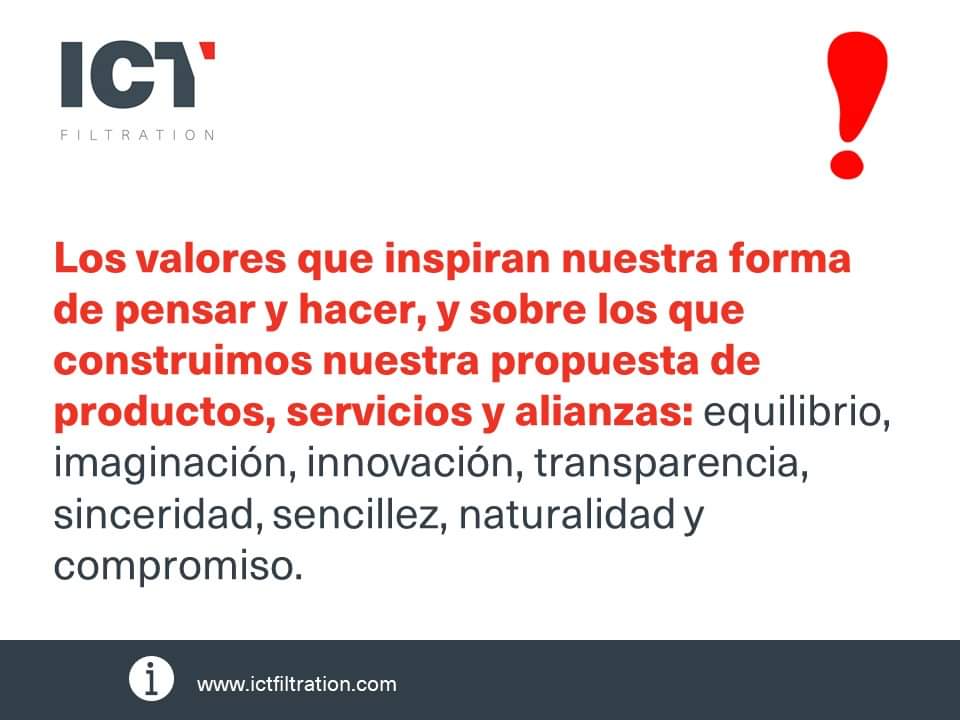 ICTFiltration's tweet image. Los valores que inspiran nuestra forma de pensar y hacer, y sobre los que construimos nuestra propuesta de productos, servicios y alianzas.
@techsolids @Polu_Solidos
#filtración #FiltraciónIndustrial @expofluidos @EXPOSOLIDOS #polusólidos #expofluídos #exposólidos