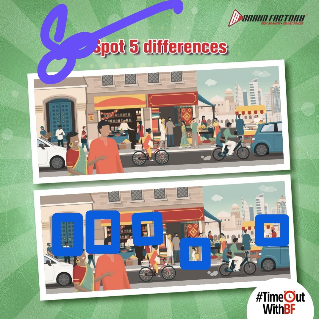 SushmaSonu333's tweet image. Found all 5

1. Door Knocker is missing
2. Wall poster is missing
3. Jar color is different 
4. White shirt boy is missing
5. Red shirt man is missing

#TimeOutWithBF #SpotTheDifference #SpotDifference #Contest  #BrandFactory #Discounts365Days @BrandFactoryIND