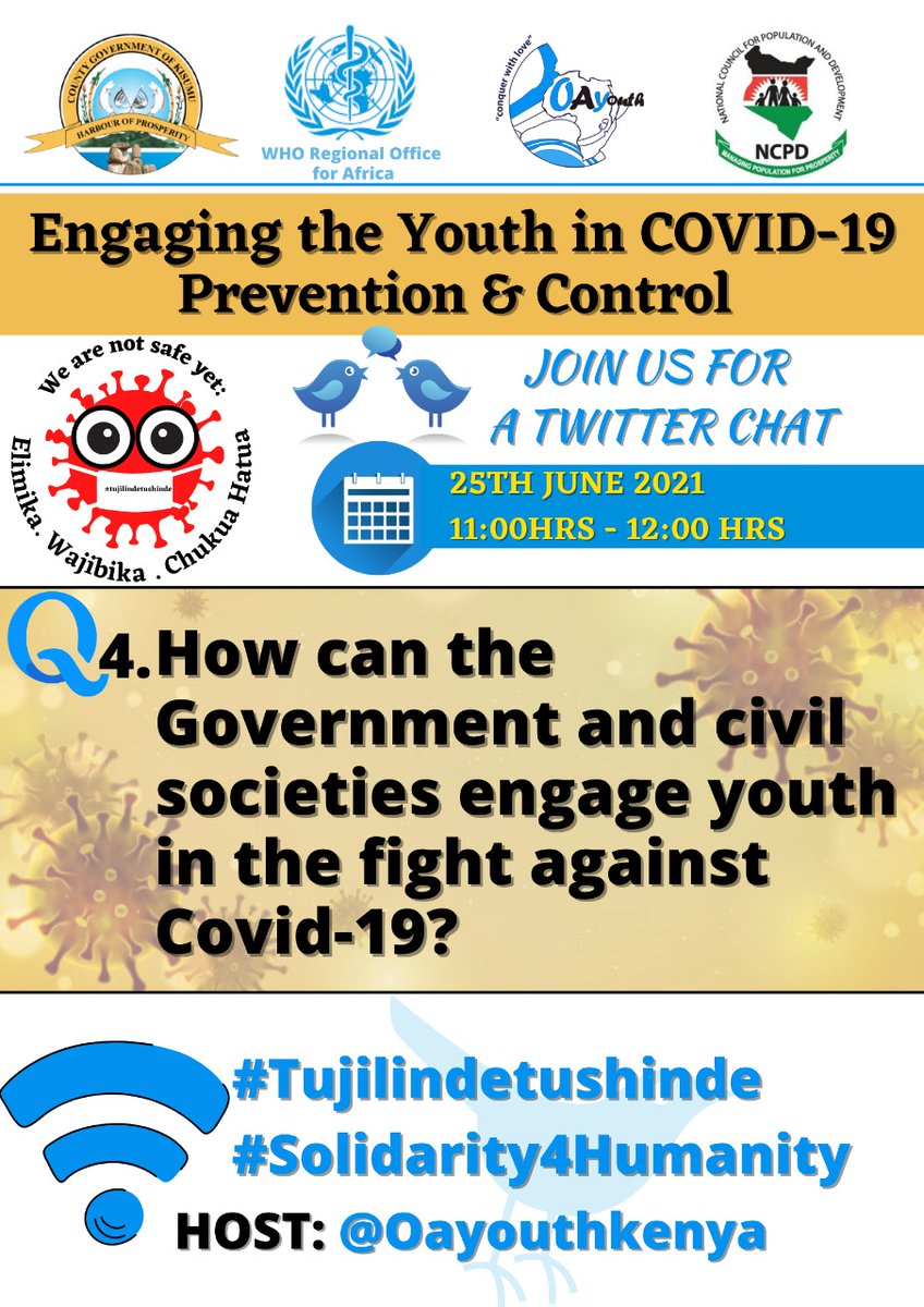 Oayouthkenya's tweet photo. How can the Government and Civil societies engage youth in the fight against Covid-19?
@WHOKenya @WHOAFRO @NCPD_Kenya @SrhrUhc https://t.co/aSj53boGe9