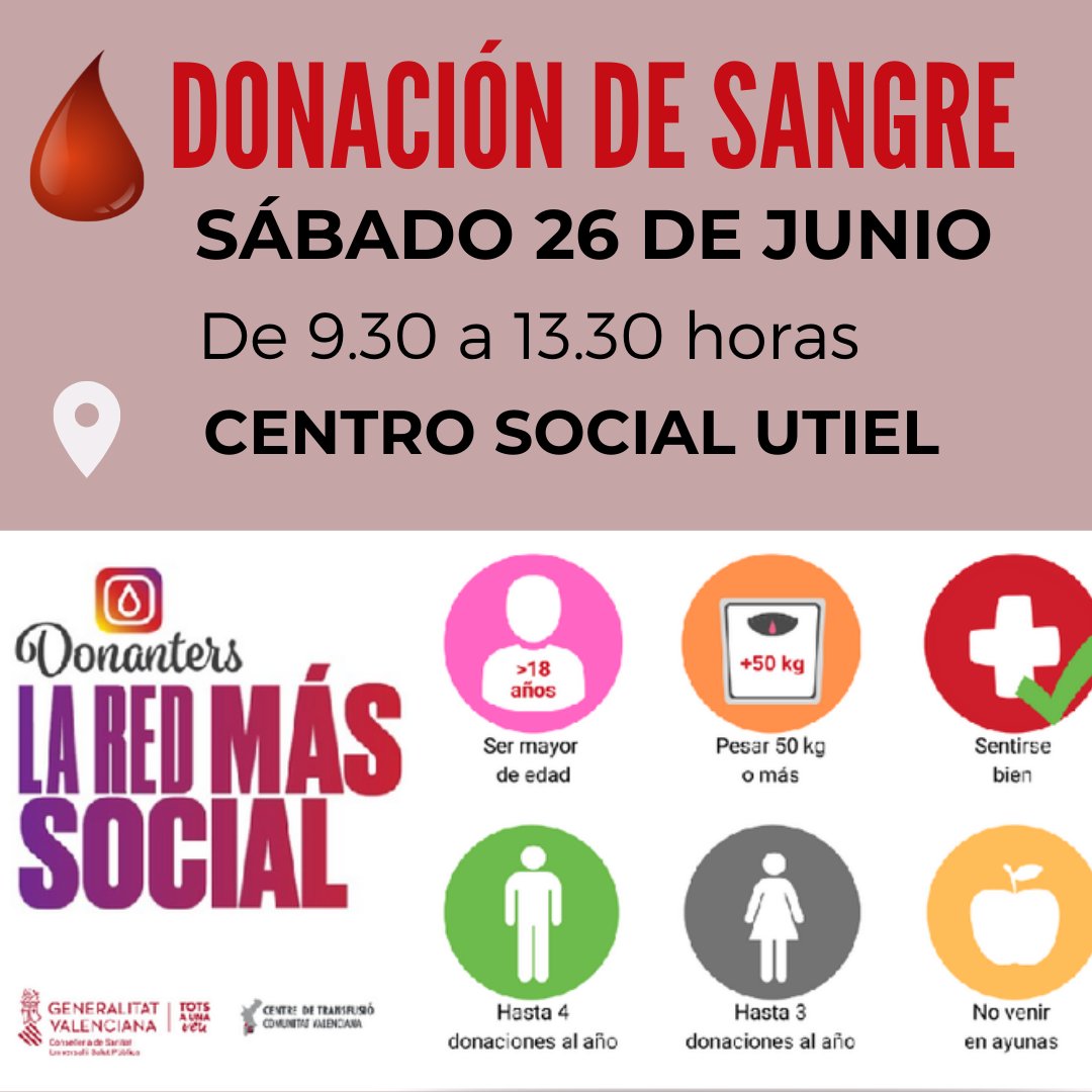 AytoDeUtiel's tweet photo. 💉𝐃𝐨𝐧𝐚𝐜𝐢𝐨́𝐧 𝐝𝐞 𝐒𝐚𝐧𝐠𝐫𝐞 en #Utiel
📅 Mañana, sábado 26 de Junio📍Centro Social Utiel
🕤 De 9.30 a 13.30  horas
💪Ayudarás a mantener  reservas de sangre que con el inicio de la temporada estival suelen descender
🩸 #DonarSangreSalvaVidas #ComparteVida 
⬇️Requisitos https://t.co/K2DD1QtpQL