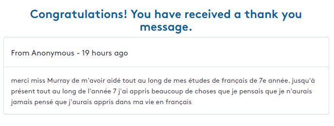 pinkdiva1's tweet photo. So lovely to receive a thank you from an anonymous student written in French! 🥰 Possibly a Year 11 leaver? Feeling very proud right now #ThankATeacher @UKThankATeacher https://t.co/NwDCrhIaTY