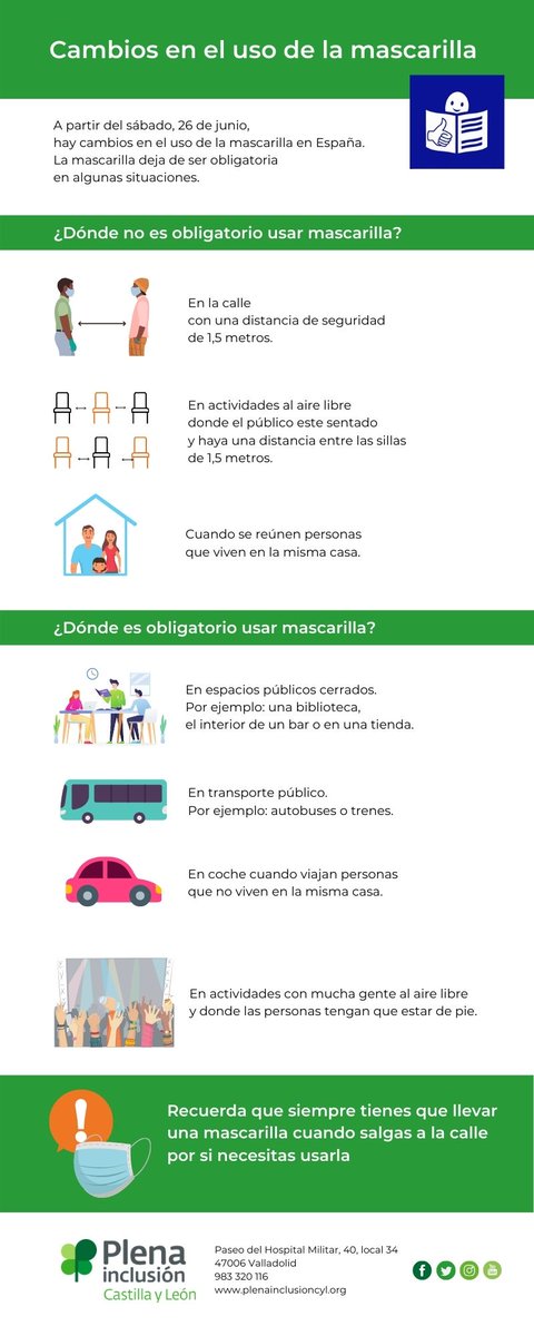 😷A partir de mañana, cambian las normas sobre el uso de mascarillas. Os dejamos esta infografía en lectura fácil que explica los cambios.

⚠Recuerda: lleva siempre una mascarilla contigo cuando salgas a la calle para usarla en caso de que sea necesario. 
#MeProtejoTeProtejo
